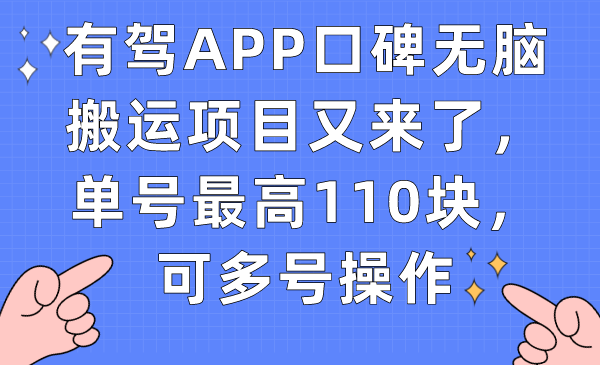 有駕APP口碑無(wú)腦搬運(yùn)項(xiàng)目又來(lái)了，單號(hào)最高110塊，可多號(hào)操作