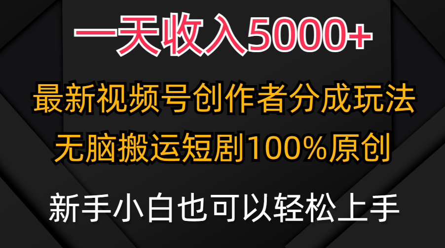 一天收入5000+，視頻號(hào)創(chuàng)作者分成計(jì)劃，最新100%原創(chuàng)玩法，小白也可以輕…
